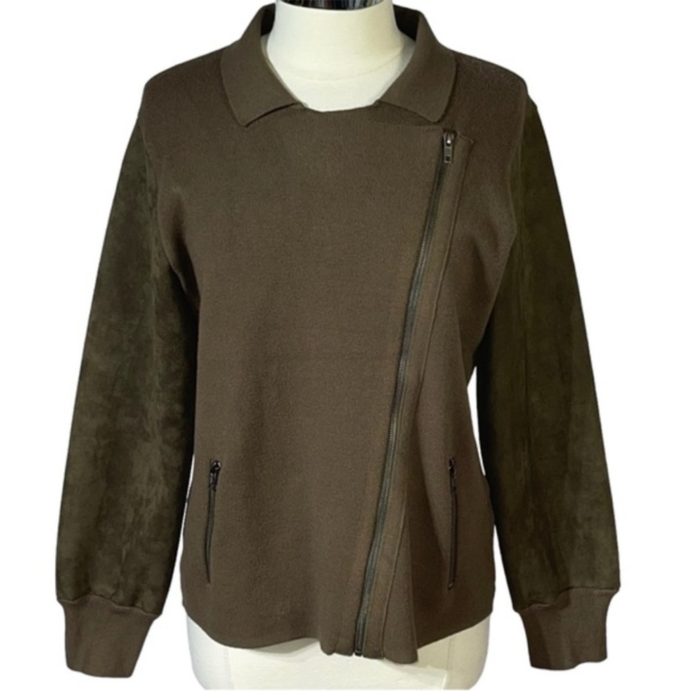 Military Green Faux Leather Suede & Knit Zip Up Moto Cardigan Sweater Jacket XL
